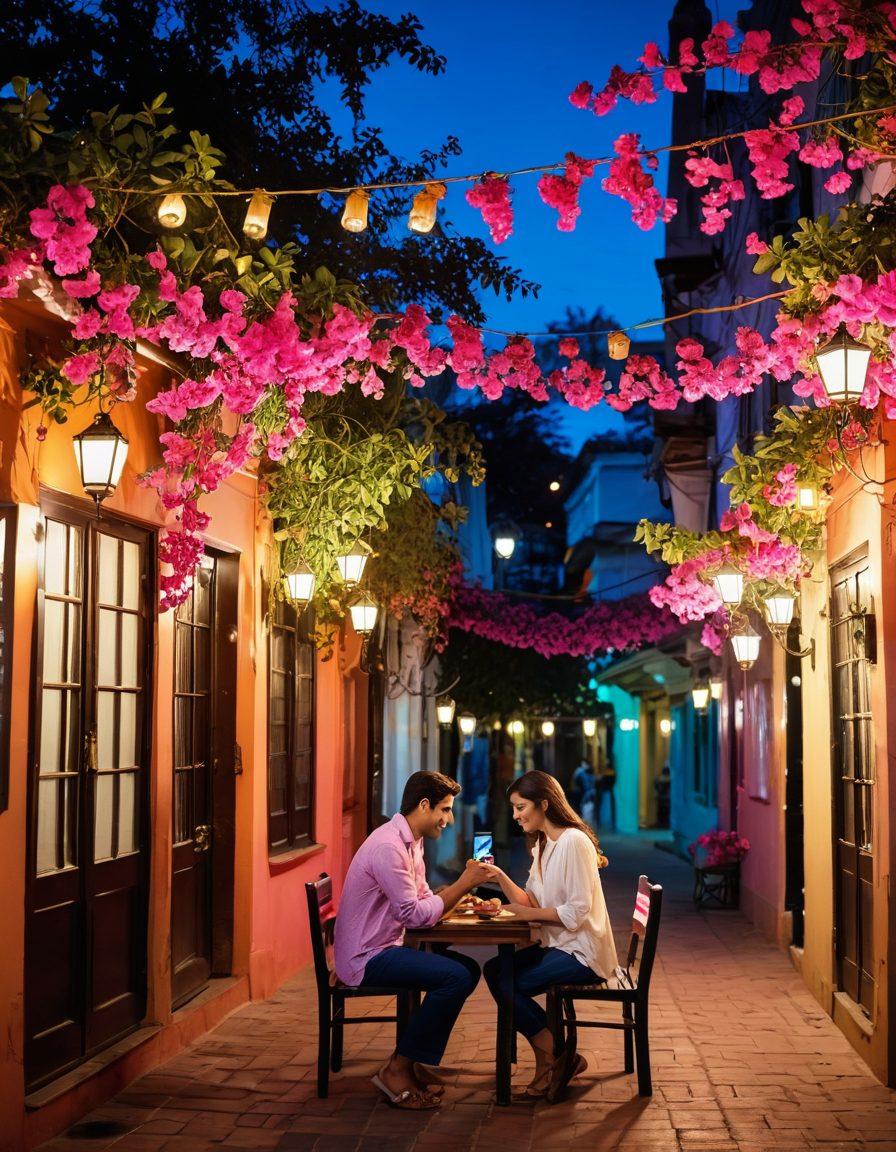 A romantic scene set in a vibrant Indian city, showcasing a couple sharing a deep, passionate moment under a blooming bougainvillea tree. Include traditional Indian elements like colorful lanterns or street food stalls in the background, while soft, warm lighting enhances the intimacy of the moment. Emphasize modern romance with subtle hints of technology, like smartphones or dating app icons. rich colors, super-realistic, warm tones.